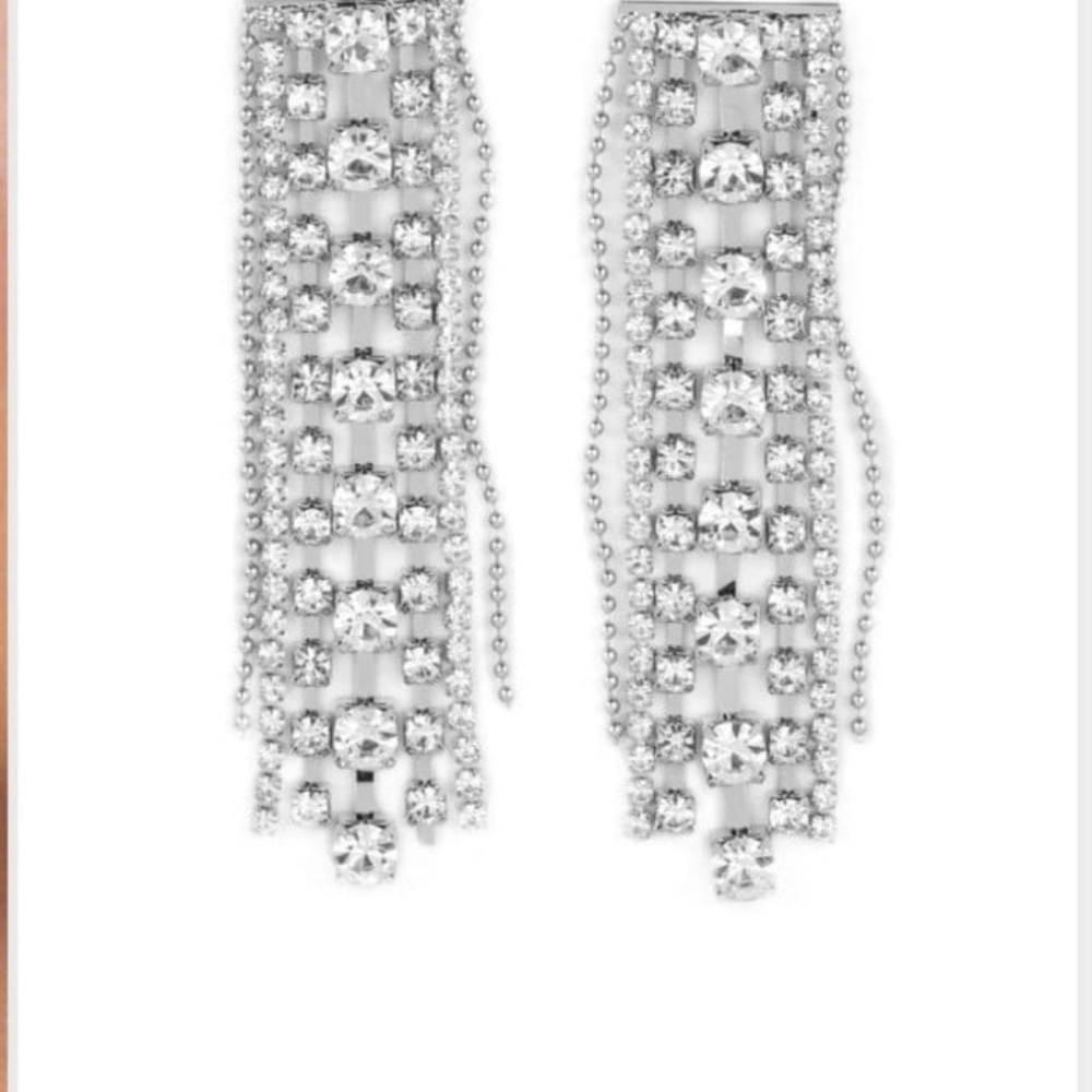Starry Streamers White Paparazzi Silver Crystal Dangle Post Earrings Fashion - Picture 1 of 6